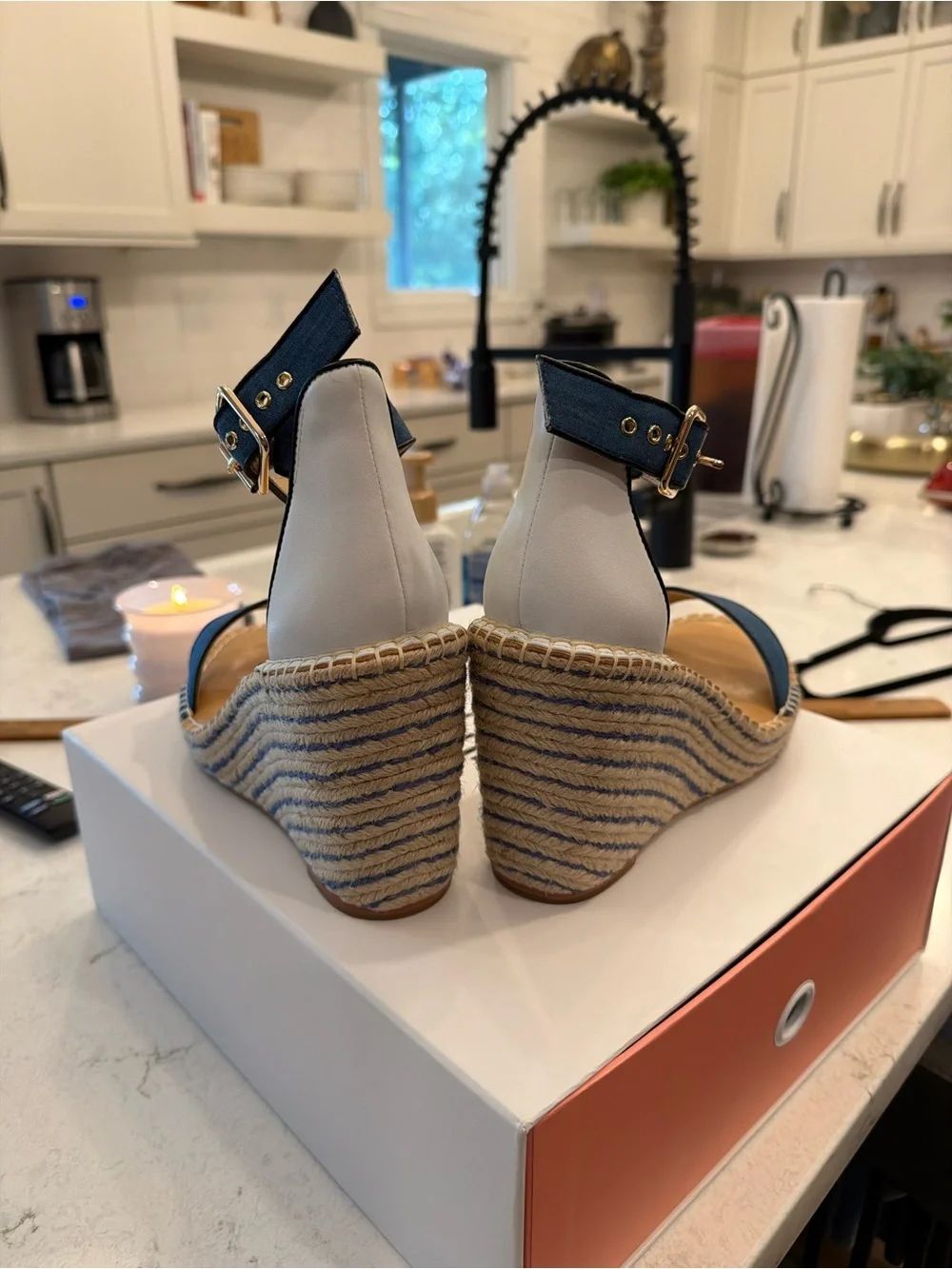 Cabi Blue Denim Espadrille Wedge Sandals with Ankle Strap